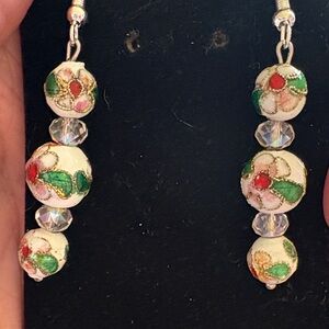 Hand Crafted White Cloisonné and Crystal Beaded Earrings